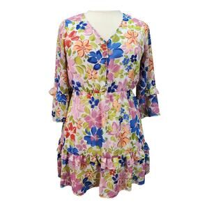 Robert Louis Dress LARGE Pink Floral Elastic Waist Lined Ruffle Boho Vacation